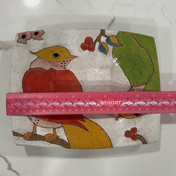 Pottery Artist Signed Bird Design Colorful Rectangle Dish/Tray - Picture 11 of 11